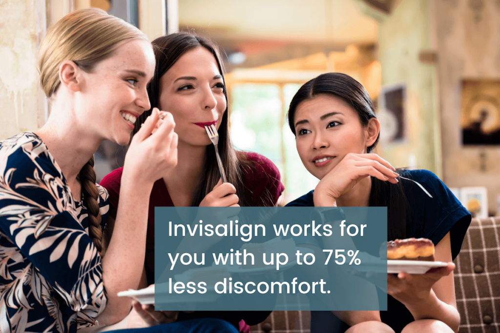 Invisalign with up to 75% less discomfort graphic with 3 ladies having dessert