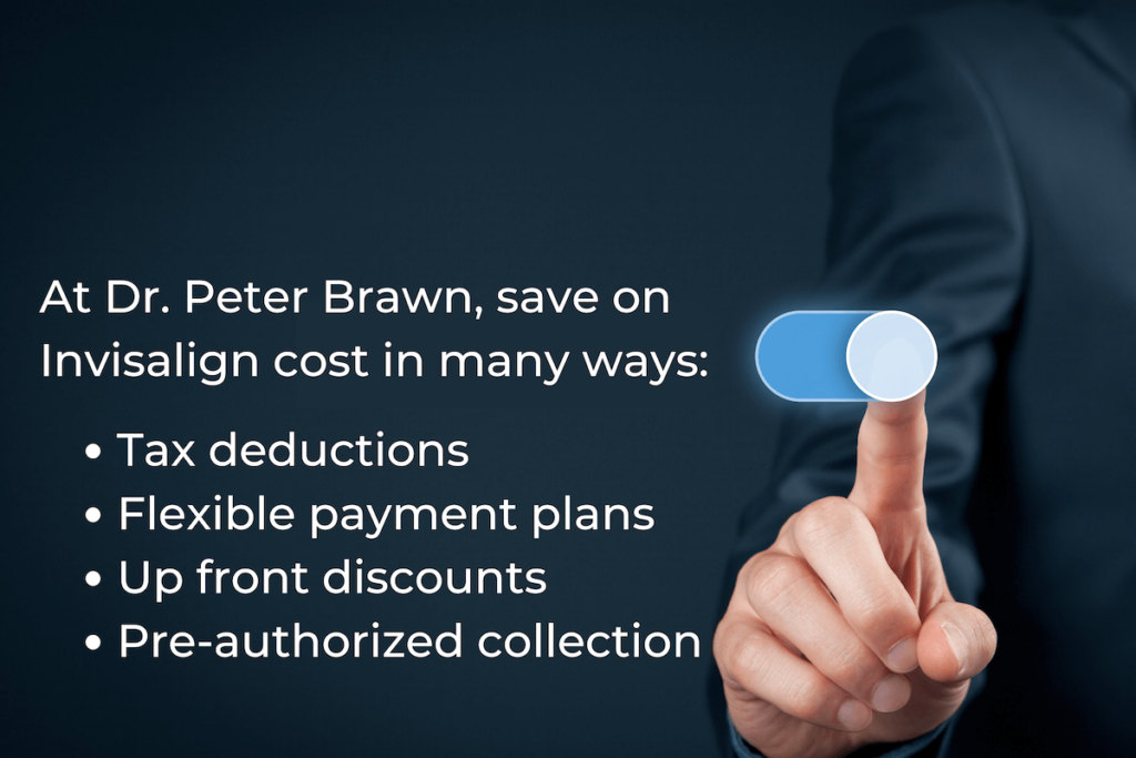 Save on Invisalign cost in many ways at Dr. Peter Brawn graphic with finger on slider
