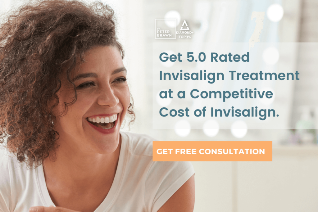 Get 5.0 Rated Invisalign Treatment at a Competitive Cost of Invisalign graphic with lady laughing
