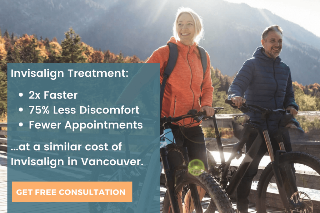 2x Faster, 75% Less Discomfort, Fewer Appointments at a similar cost of Invisalign in Vancouver graphic with mountain bike couple